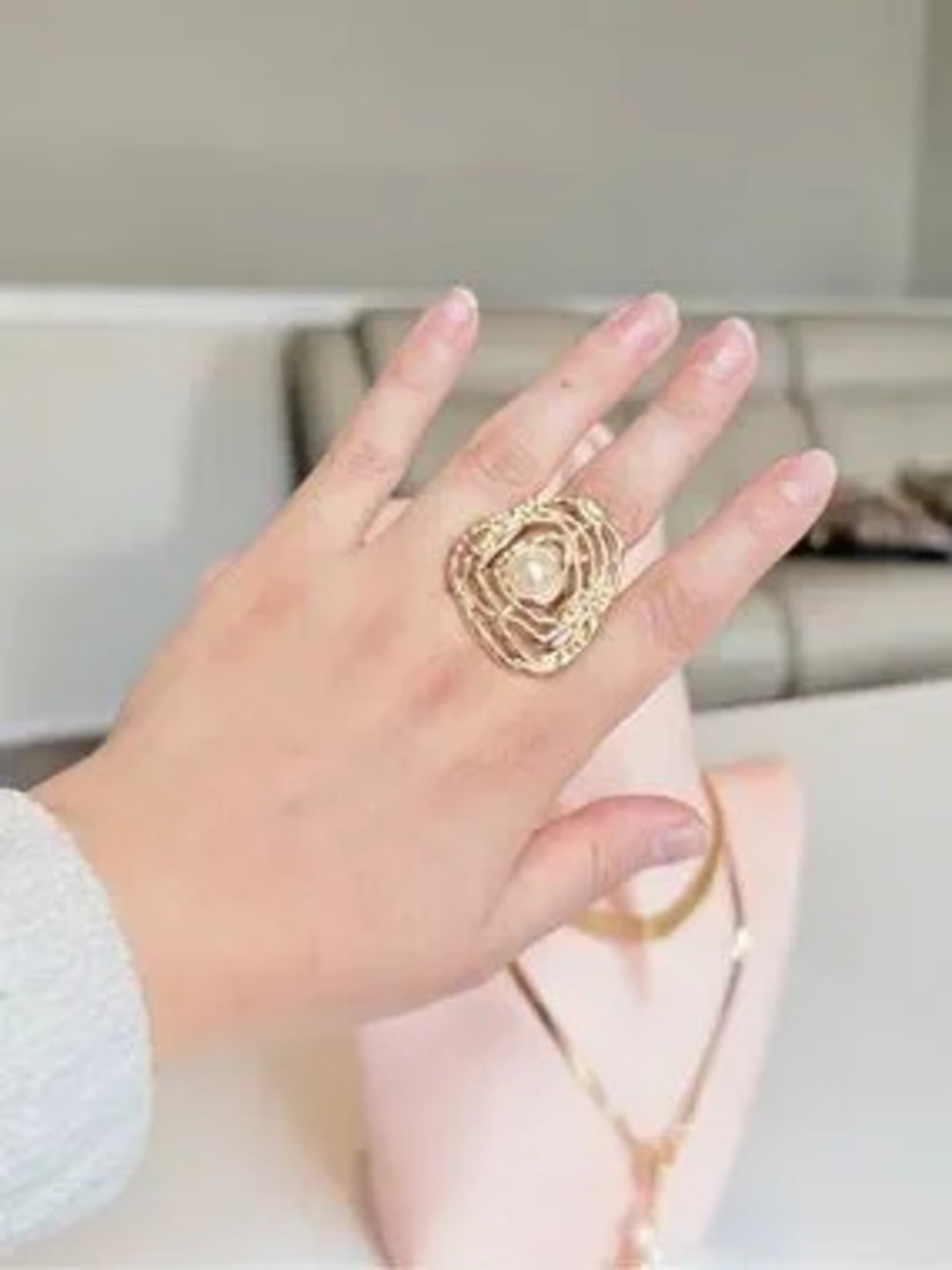 Gold Statement Ring with Pearl Accent